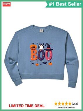 Womens Halloween Boo Pumpkin Bat Owl Graphic Cropped Sweatshirt Cotton Blend